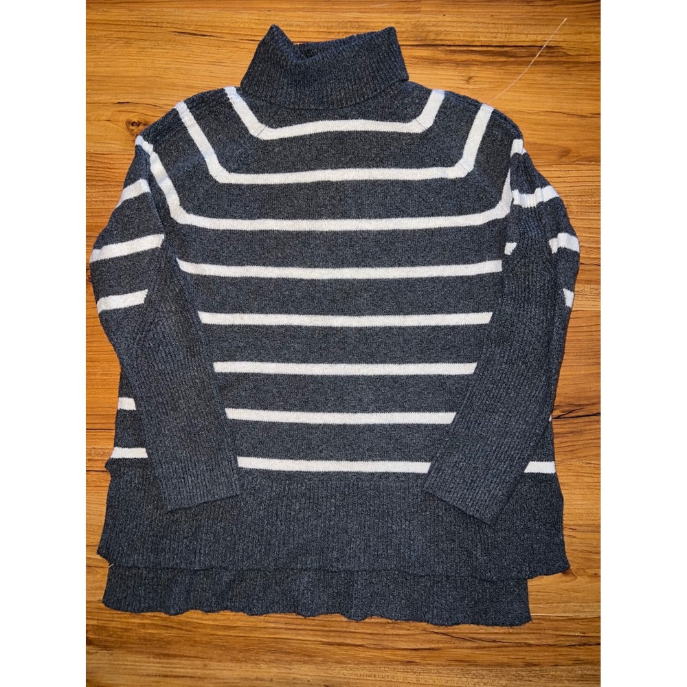 A New Day Womens Gray White Striped Turtleneck Sweater Large High Low Hem